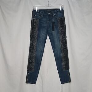 Karma Blue Women's Faux Leather Striped Jeans Sz3